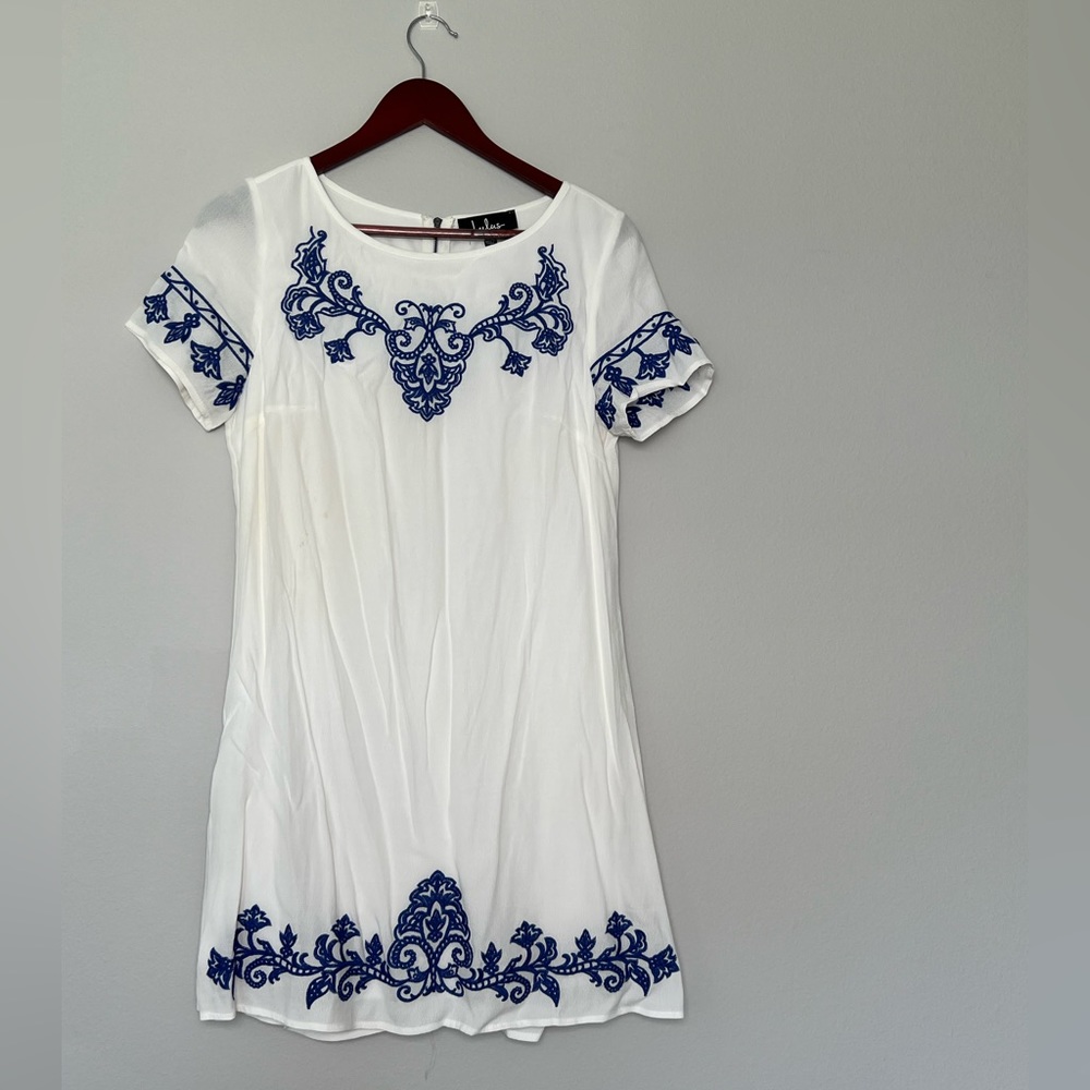 Lulus Tale to Tell Blue + Ivory Embroidered Shift Dress